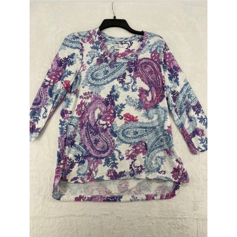 Chico's Top Womens 1 Medium T-Shirt White Purple Paisley 3/4 Sleeve High Low